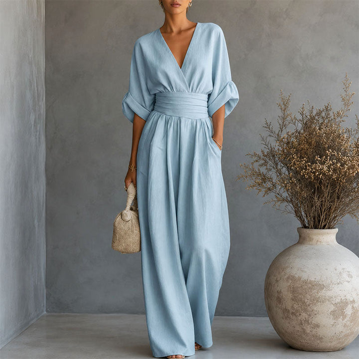 Rachel | Women's Draped Waist Wide Leg Jumpsuit with V Neck