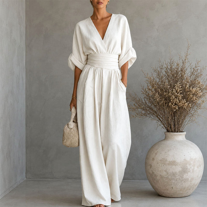 Rachel | Women's Draped Waist Wide Leg Jumpsuit with V Neck