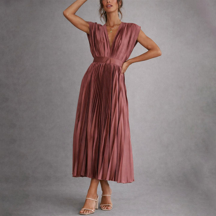 Clarena | Women's Pleated V Neck Cap Sleeve Midi Dress