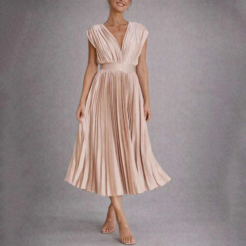 Clarena | Women's Pleated V Neck Cap Sleeve Midi Dress