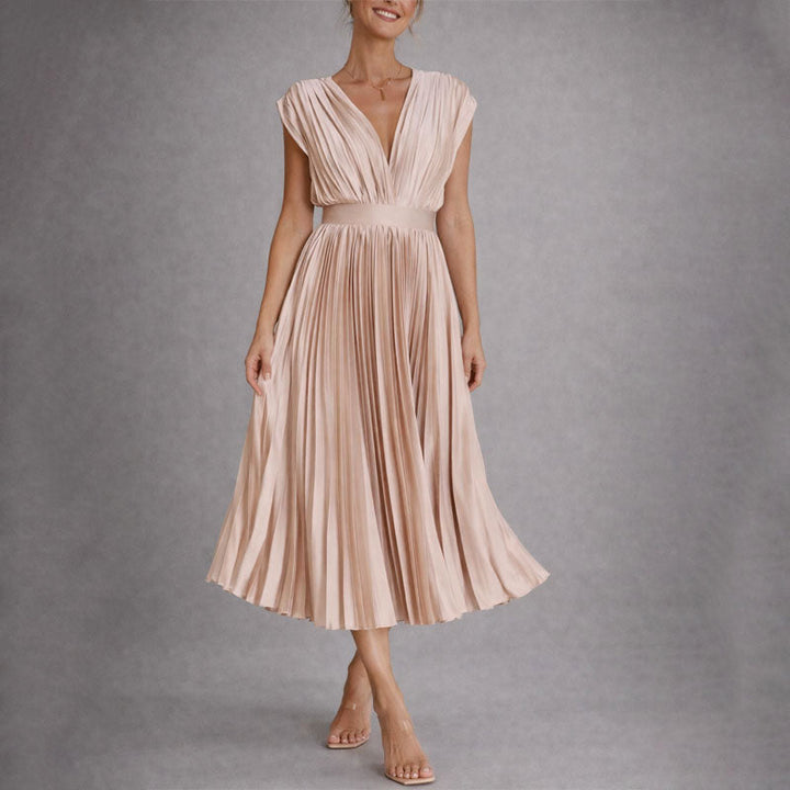 Clarena | Women's Pleated V Neck Cap Sleeve Midi Dress