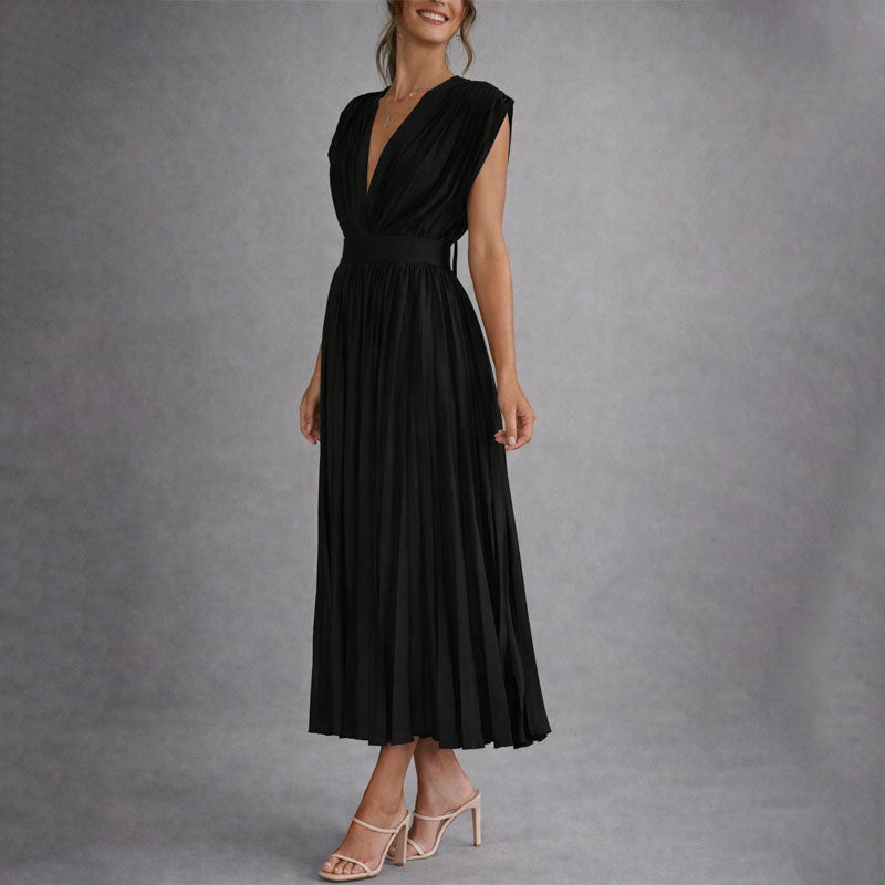 Clarena | Women's Pleated V Neck Cap Sleeve Midi Dress