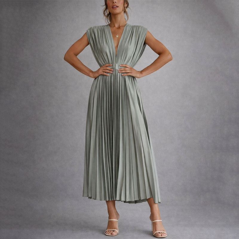 Clarena | Women's Pleated V Neck Cap Sleeve Midi Dress