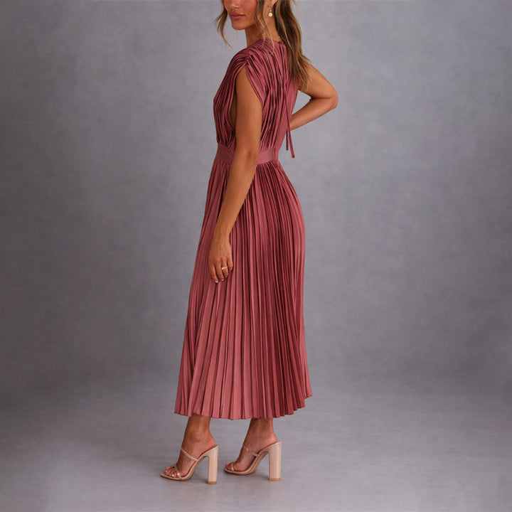 Clarena | Women's Pleated V Neck Cap Sleeve Midi Dress