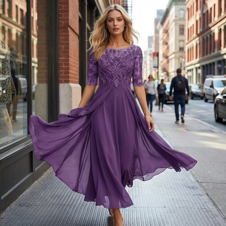 Embroidered bodice flowing midi dress for women -2