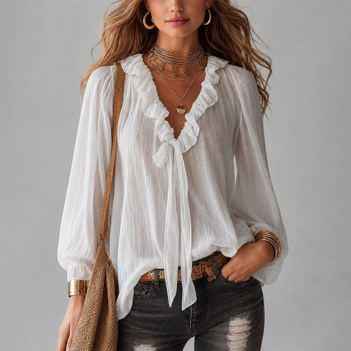 Claire | Women's Ruffle Tie Neck Blouse with Gathered Sleeves