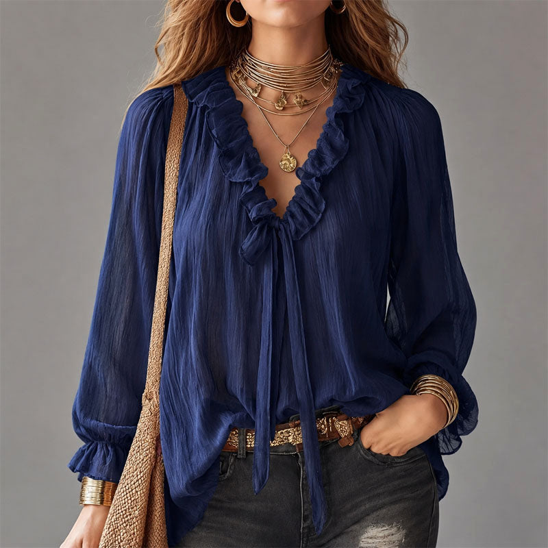 Claire | Women's Ruffle Tie Neck Blouse with Gathered Sleeves