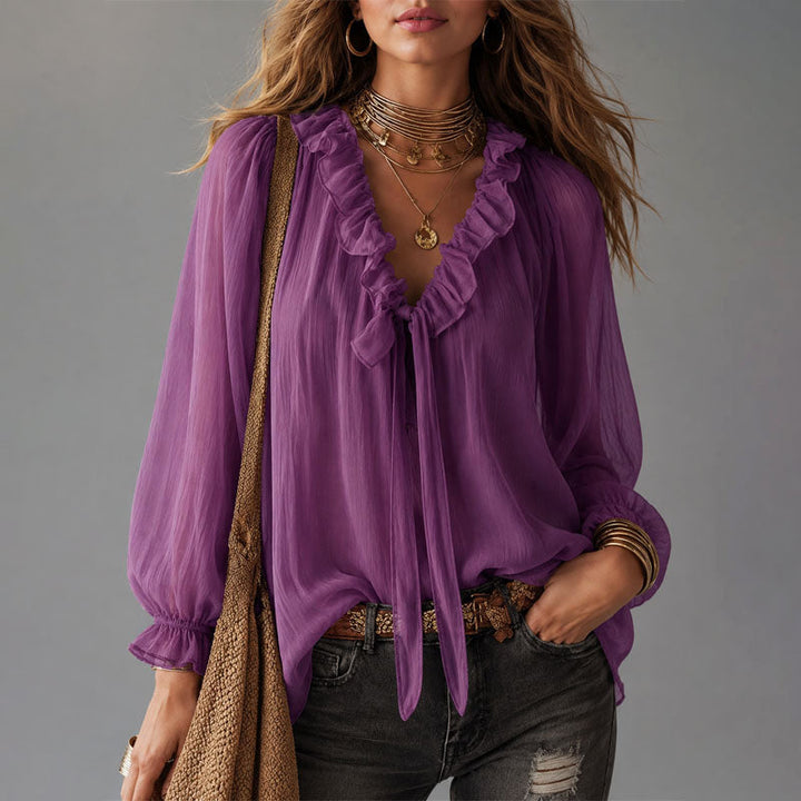 Claire | Women's Ruffle Tie Neck Blouse with Gathered Sleeves
