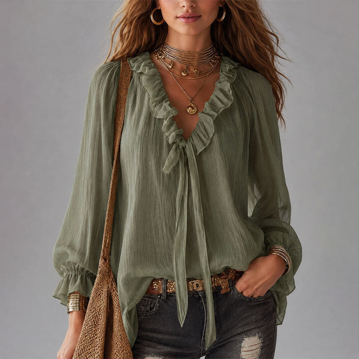 Claire | Women's Ruffle Tie Neck Blouse with Gathered Sleeves