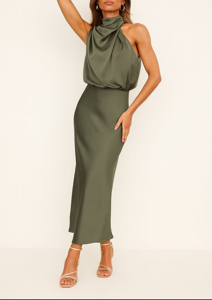 Annie | Women's Satin Halter Midi Dress
