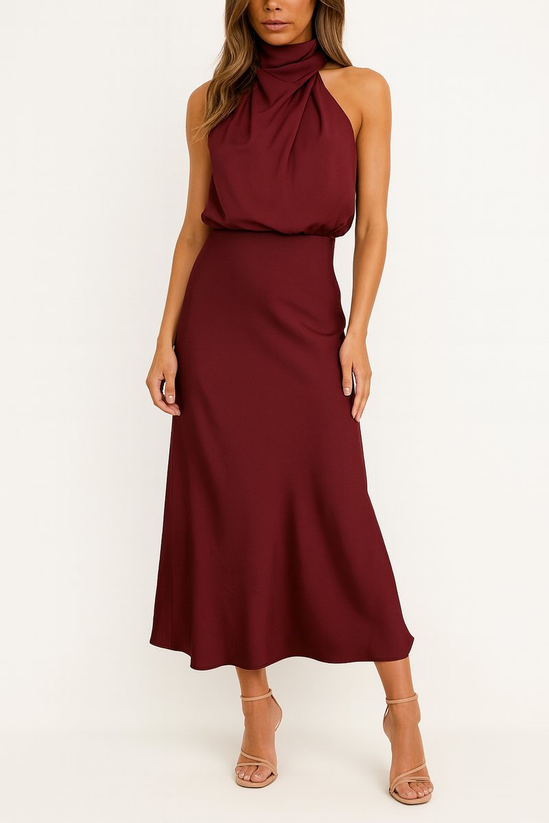 Annie | Women's Satin Halter Midi Dress