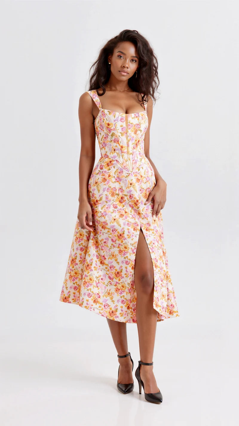 Women's Casual Fit-and-Flare Floral Midi Dress