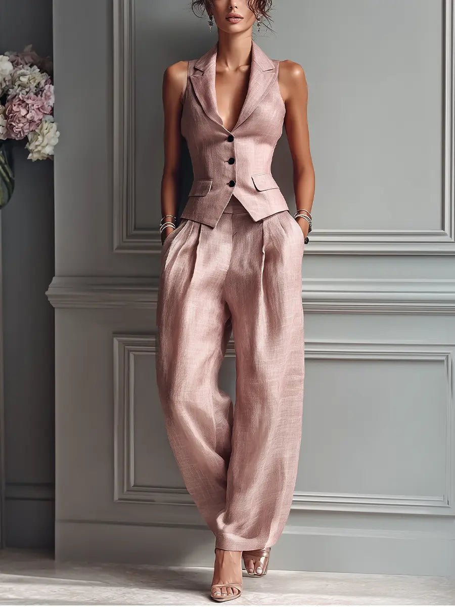 Ann | Women's Linen Waistcoat Wide Leg Pant Set