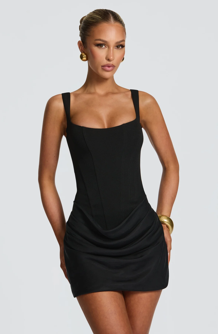 Draped skirt flowing mini dress for women | Maribel -5