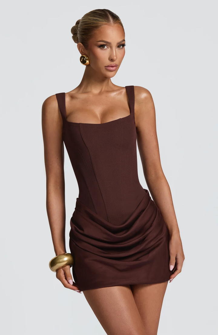 Draped skirt flowing mini dress for women | Maribel -11