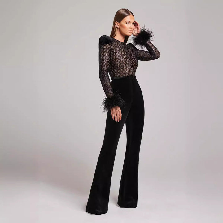 Fur Sleeves Lace Slim Fit Jumpsuit for women