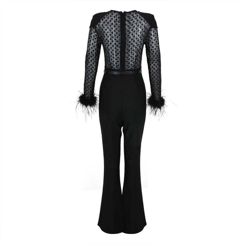 Fur Sleeves Lace Slim Fit Jumpsuit for women