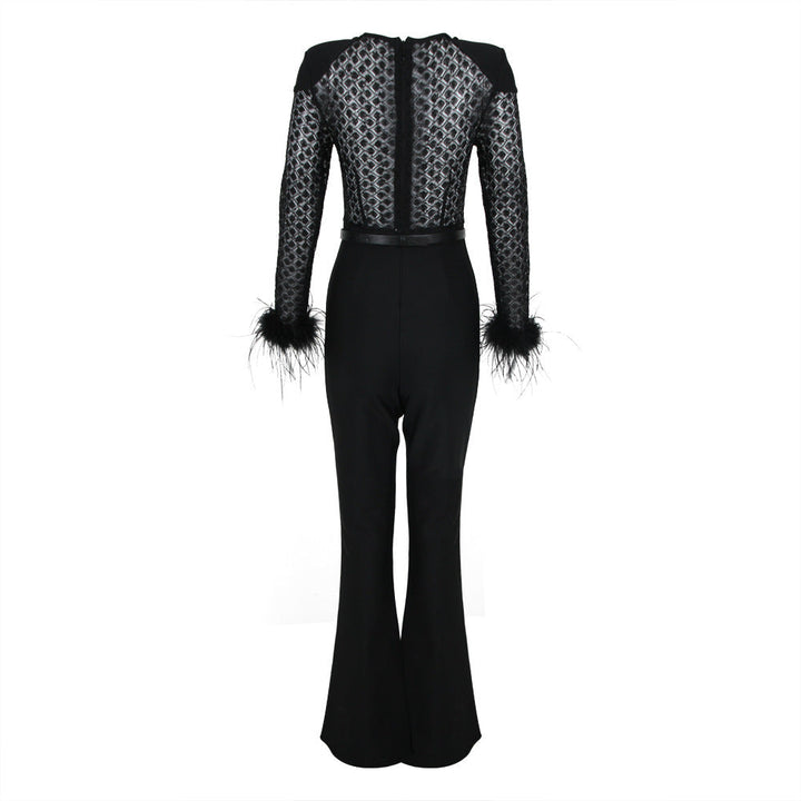 Fur Sleeves Lace Slim Fit Jumpsuit for women