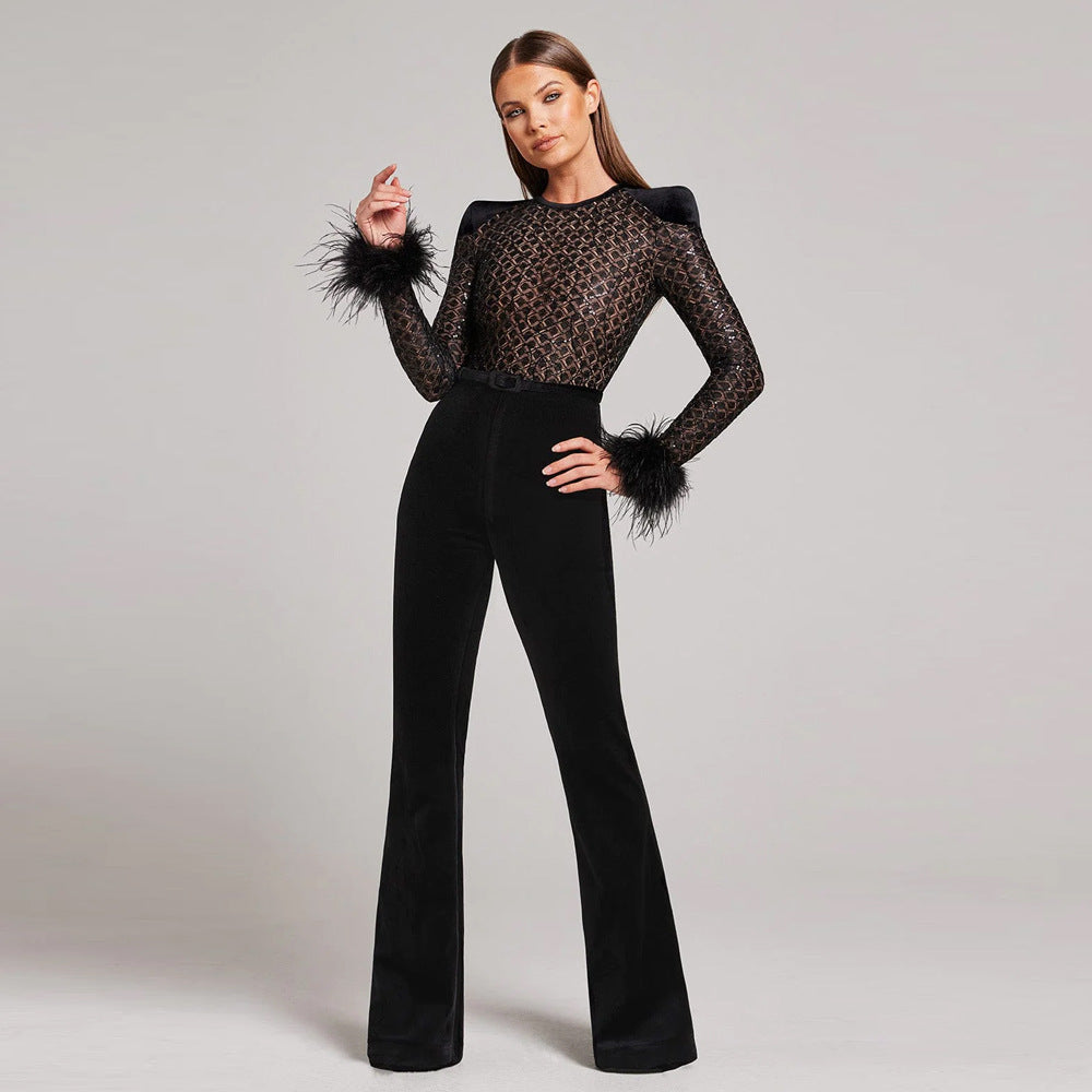 Fur Sleeves Lace Slim Fit Jumpsuit for women