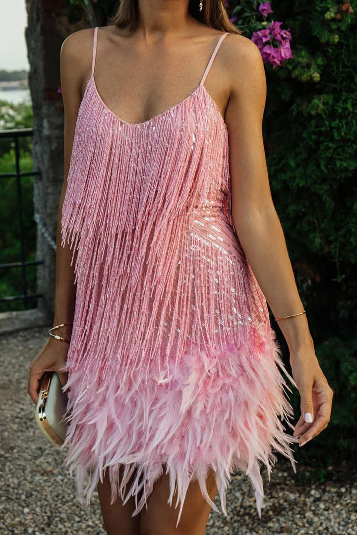 Fringed sequined feather-paneled gown dress for women