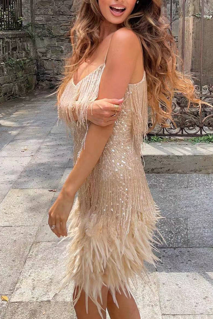 Fringed sequined feather-paneled gown dress for women