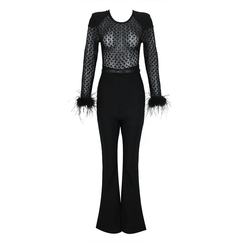 Fur Sleeves Lace Slim Fit Jumpsuit for women