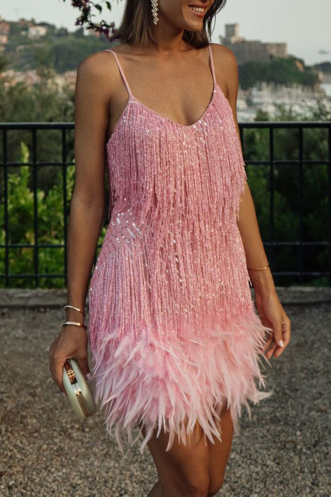 Fringed sequined feather-paneled gown dress for women