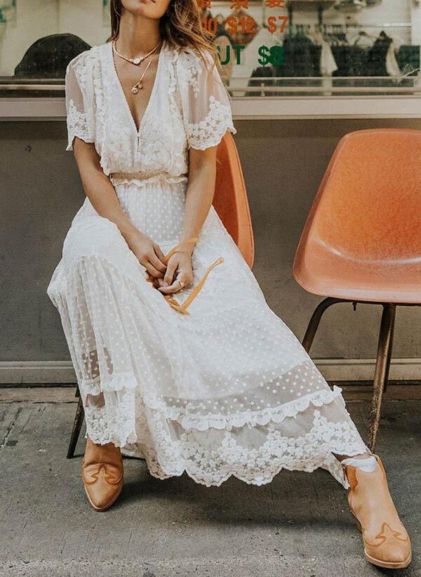 White Lace Embroidery Bohemian Maxi Dress for women