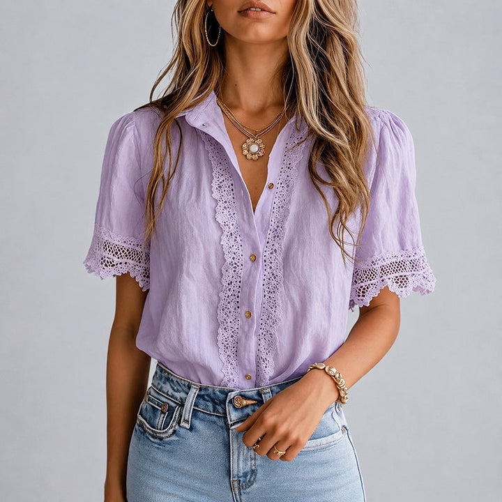 Ovelia | Women's Crochet Lace Short Sleeve Blouse with Buttons