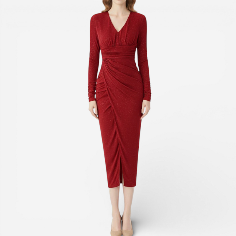 Women’s Midi Evening Glitter Dress With V-Neck
