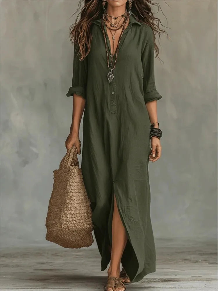 Relaxed linen long shirt dress for women | Agnes -6