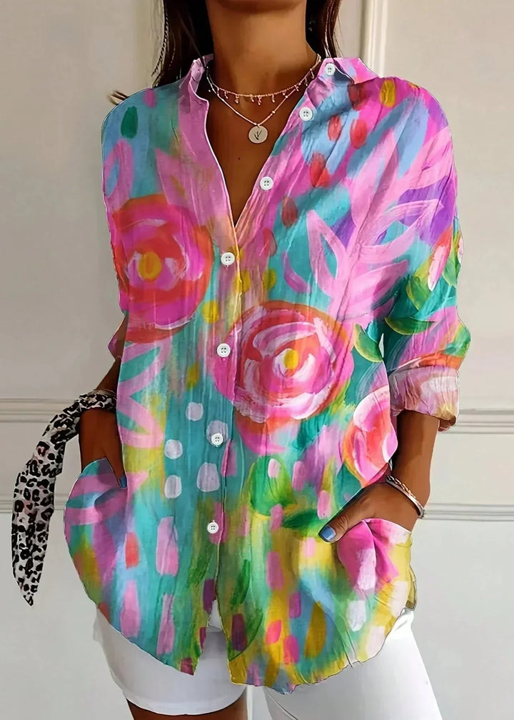 Casual button-up printed summer blouse for women -1
