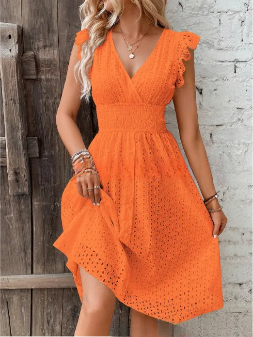 Elegant V-neck summer midi dress for women -11