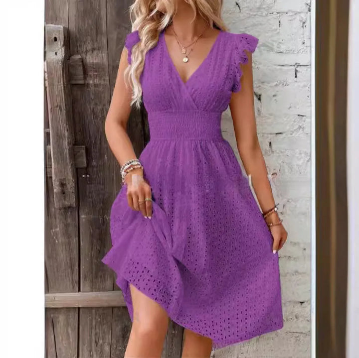 Elegant V-neck summer midi dress for women -10
