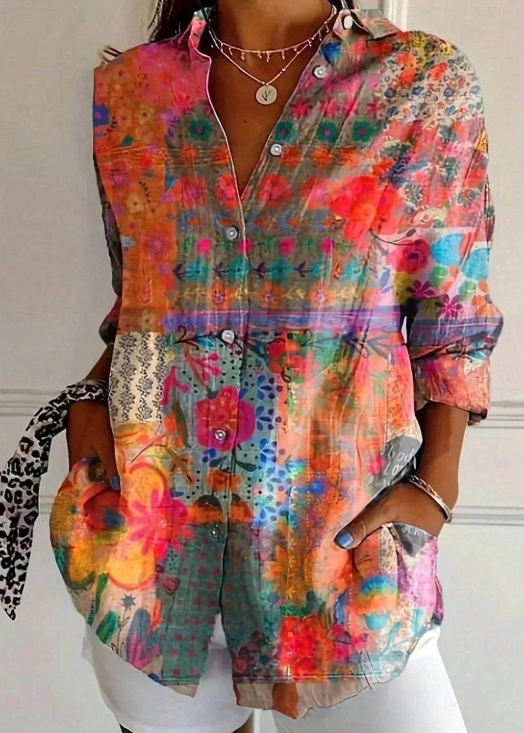 Casual button-up printed summer blouse for women -2