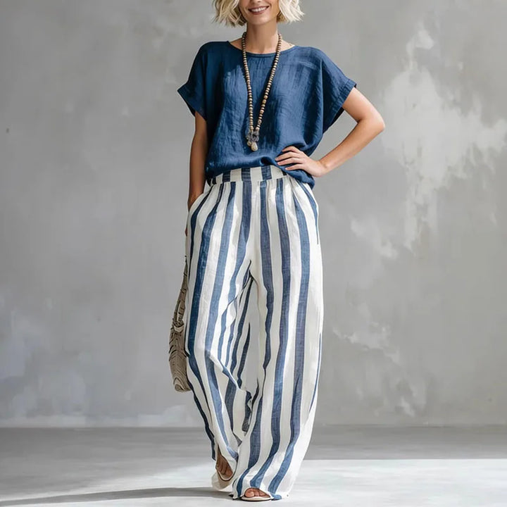 Mirella | Women's Striped Short Sleeve Wide Leg Two Piece Set