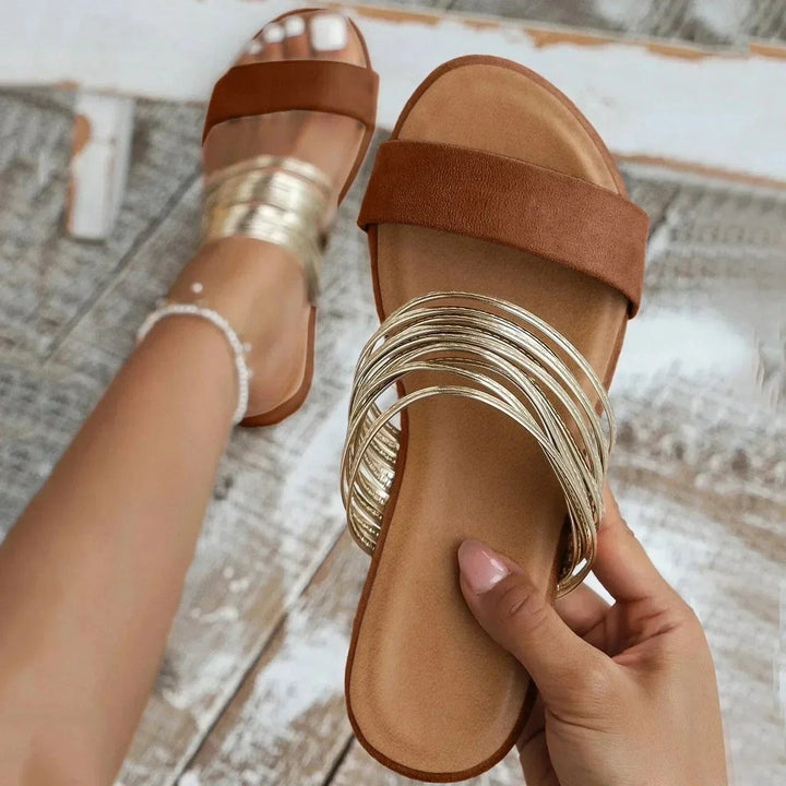 Mireva | Women's Flat Strappy Metallic Detail Sandals