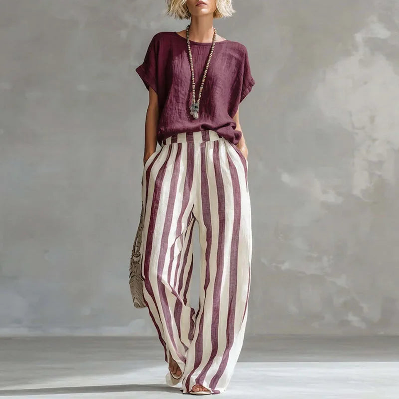 Mirella | Women's Striped Short Sleeve Wide Leg Two Piece Set