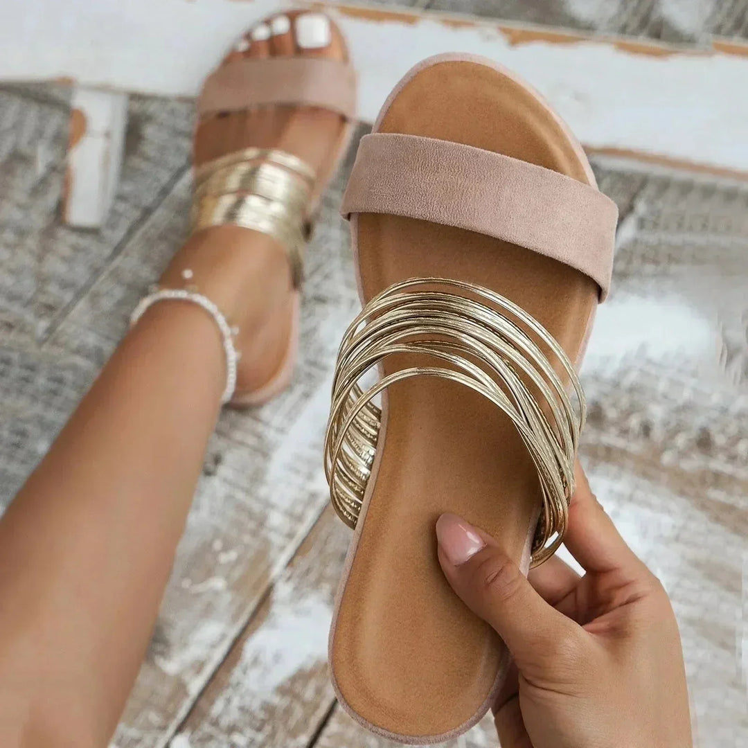 Mireva | Women's Flat Strappy Metallic Detail Sandals