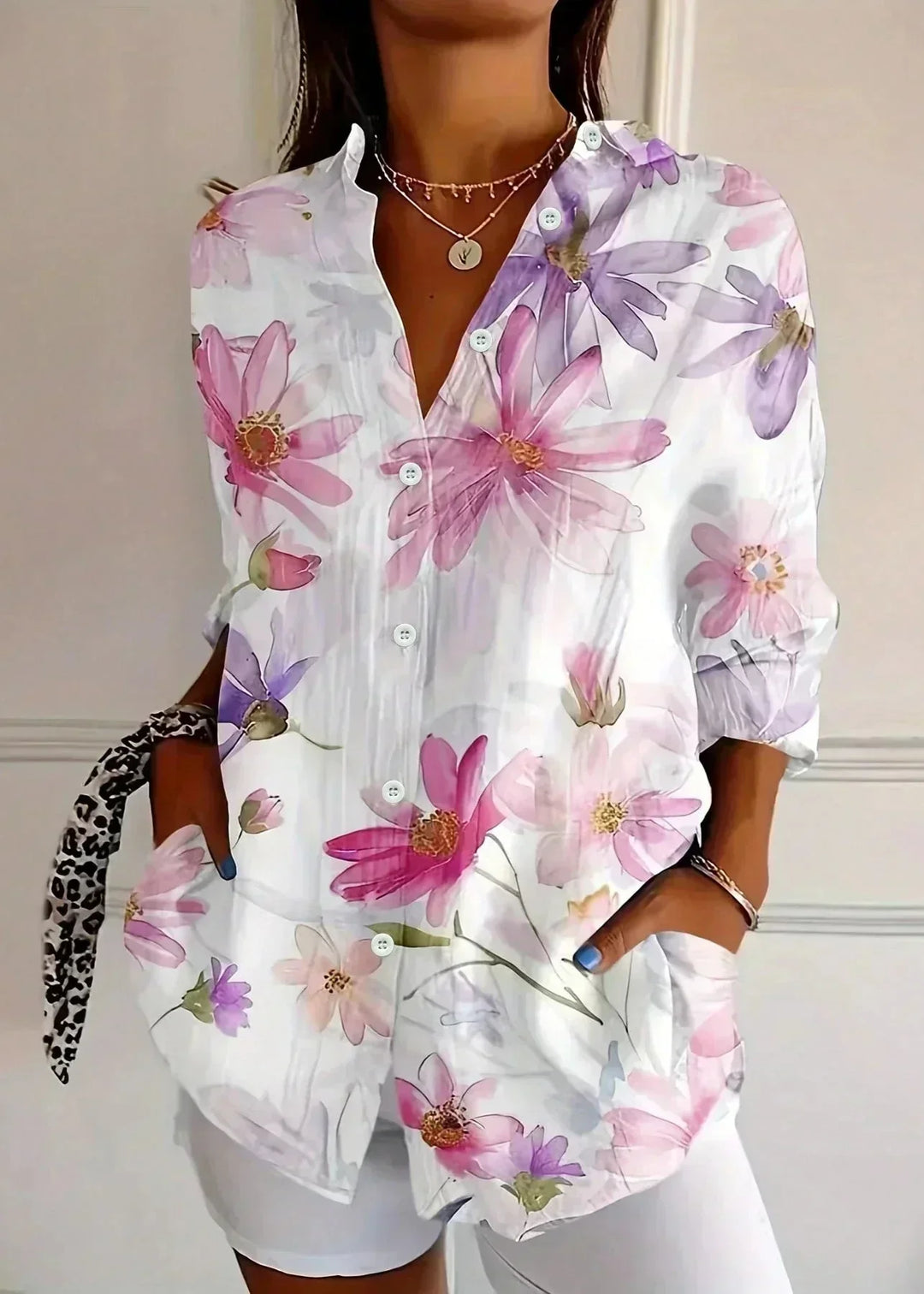 Casual button-up printed summer blouse for women -4