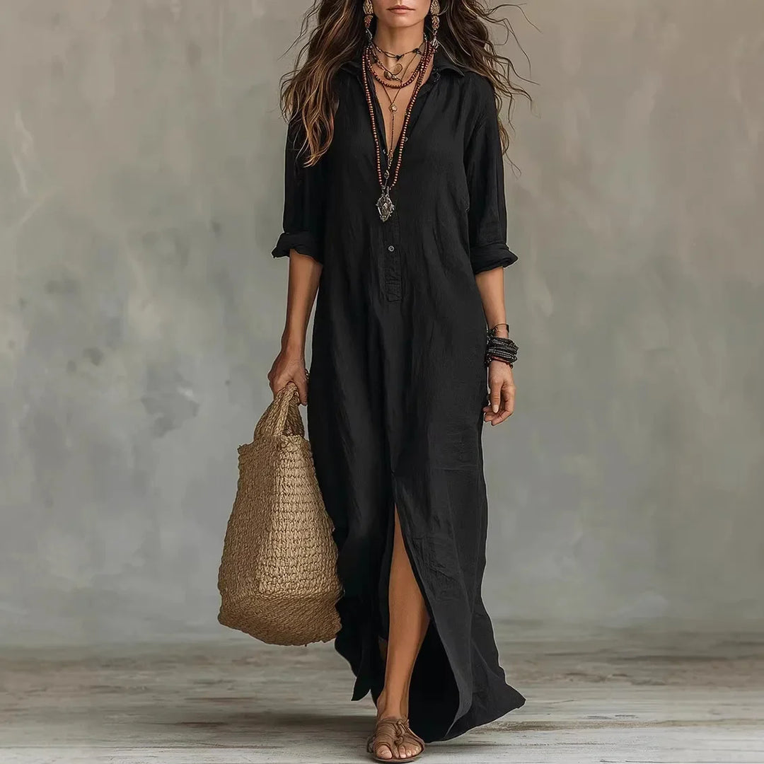 Relaxed linen long shirt dress for women | Agnes -2