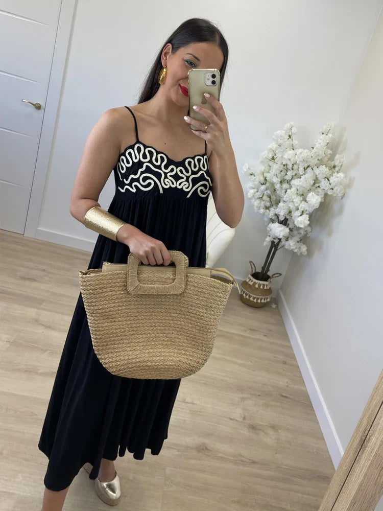 Women's Fashion Embroidery Sling Long Dress