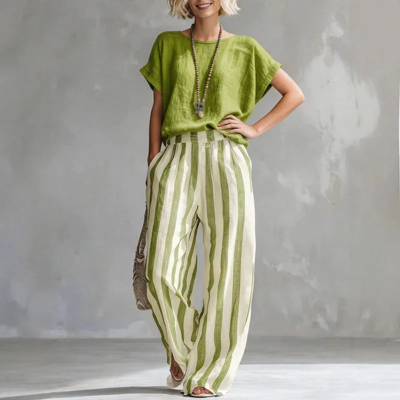 Mirella | Women's Striped Short Sleeve Wide Leg Two Piece Set