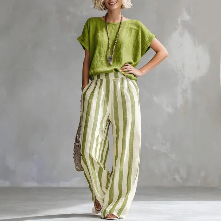Mirella | Women's Striped Short Sleeve Wide Leg Two Piece Set