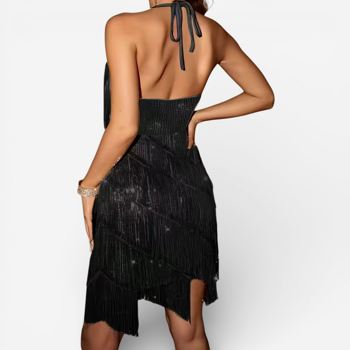 Women's Backless Halter Tassel Cocktail Dress