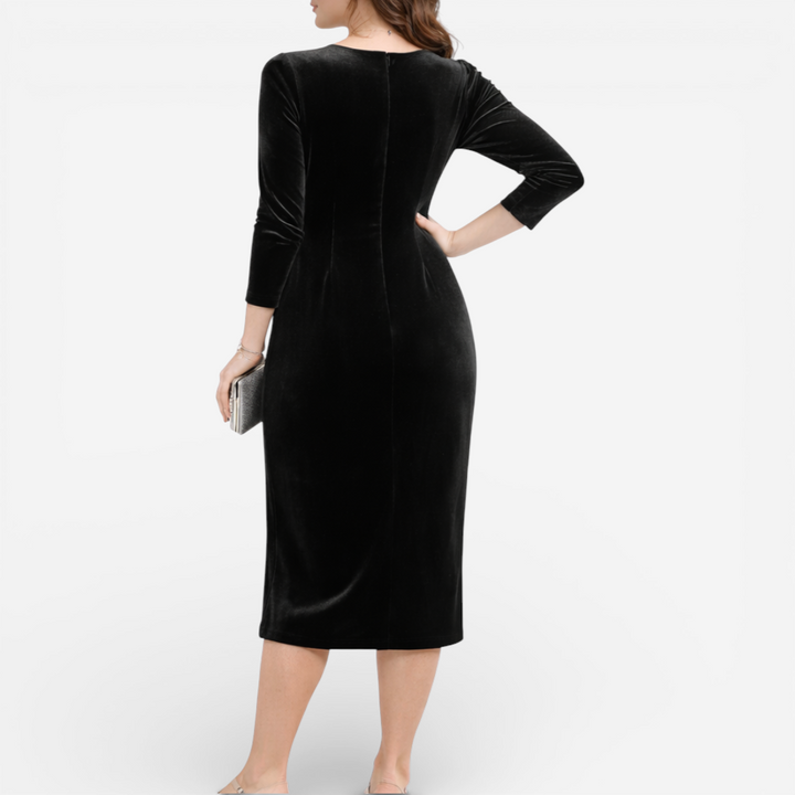 Women's Formal Black Velvet Ruched Midi Dress