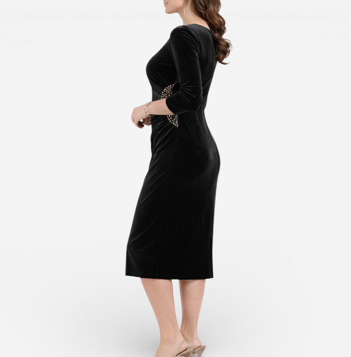 Women's Formal Black Velvet Ruched Midi Dress