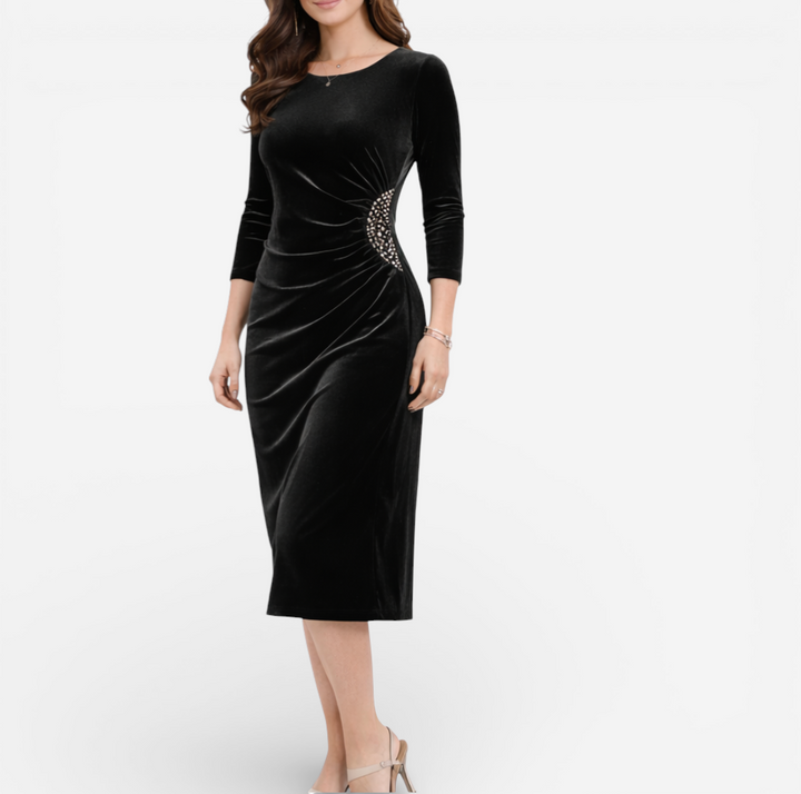 Women's Formal Black Velvet Ruched Midi Dress