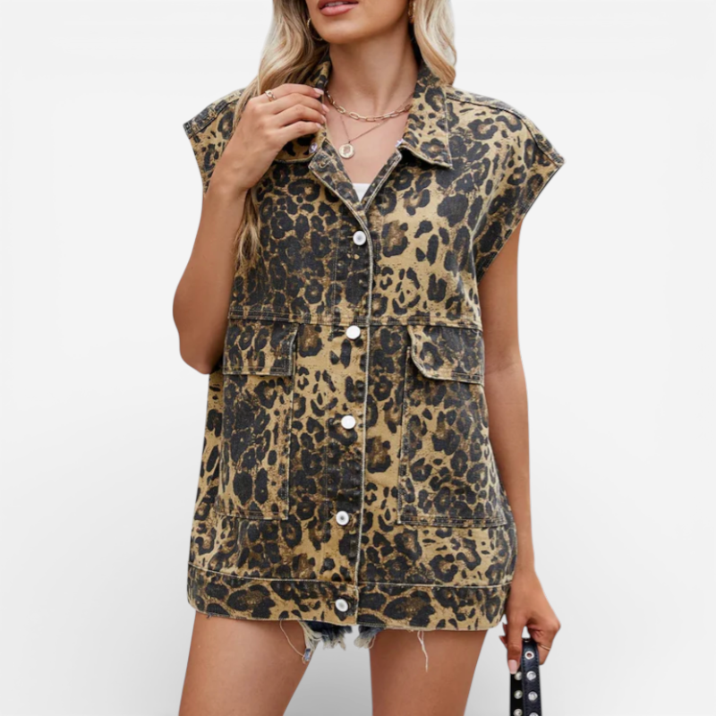 Women’s Sleeveless Leopard Print Denim Vest