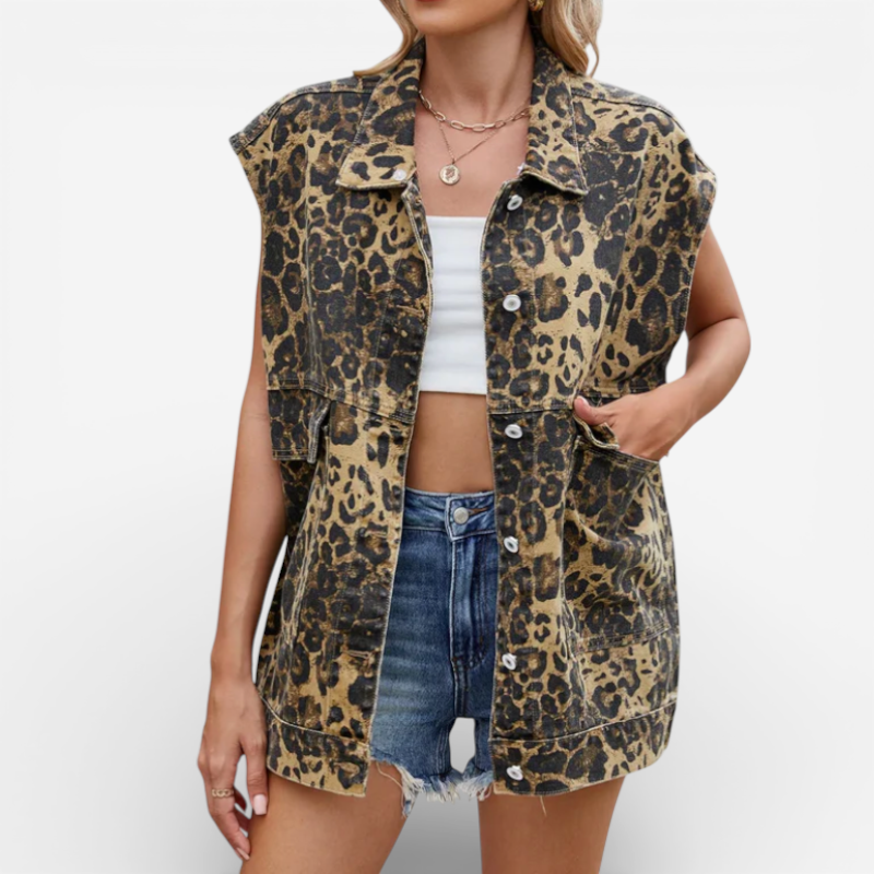 Women’s Sleeveless Leopard Print Denim Vest